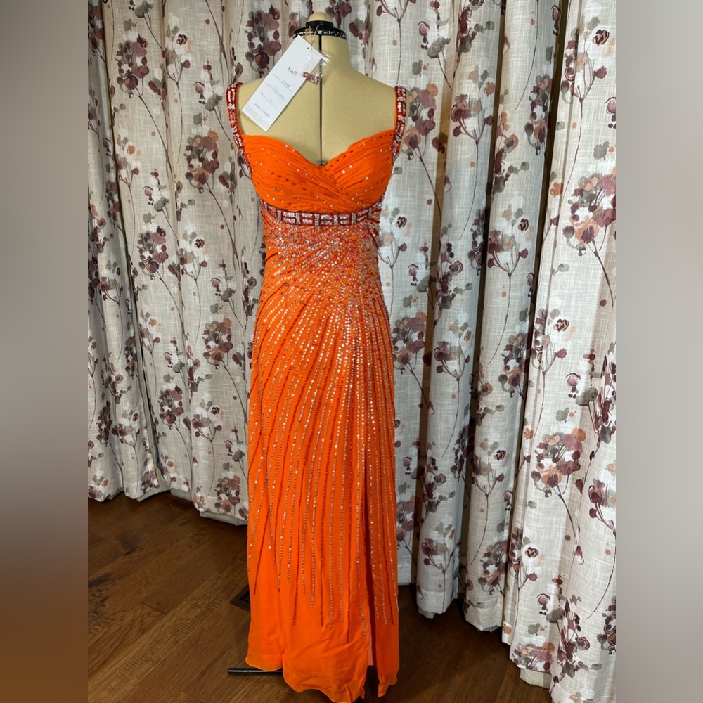 Jazy Couture orange formal dress with beading, matching beaded scarf, & kerchief